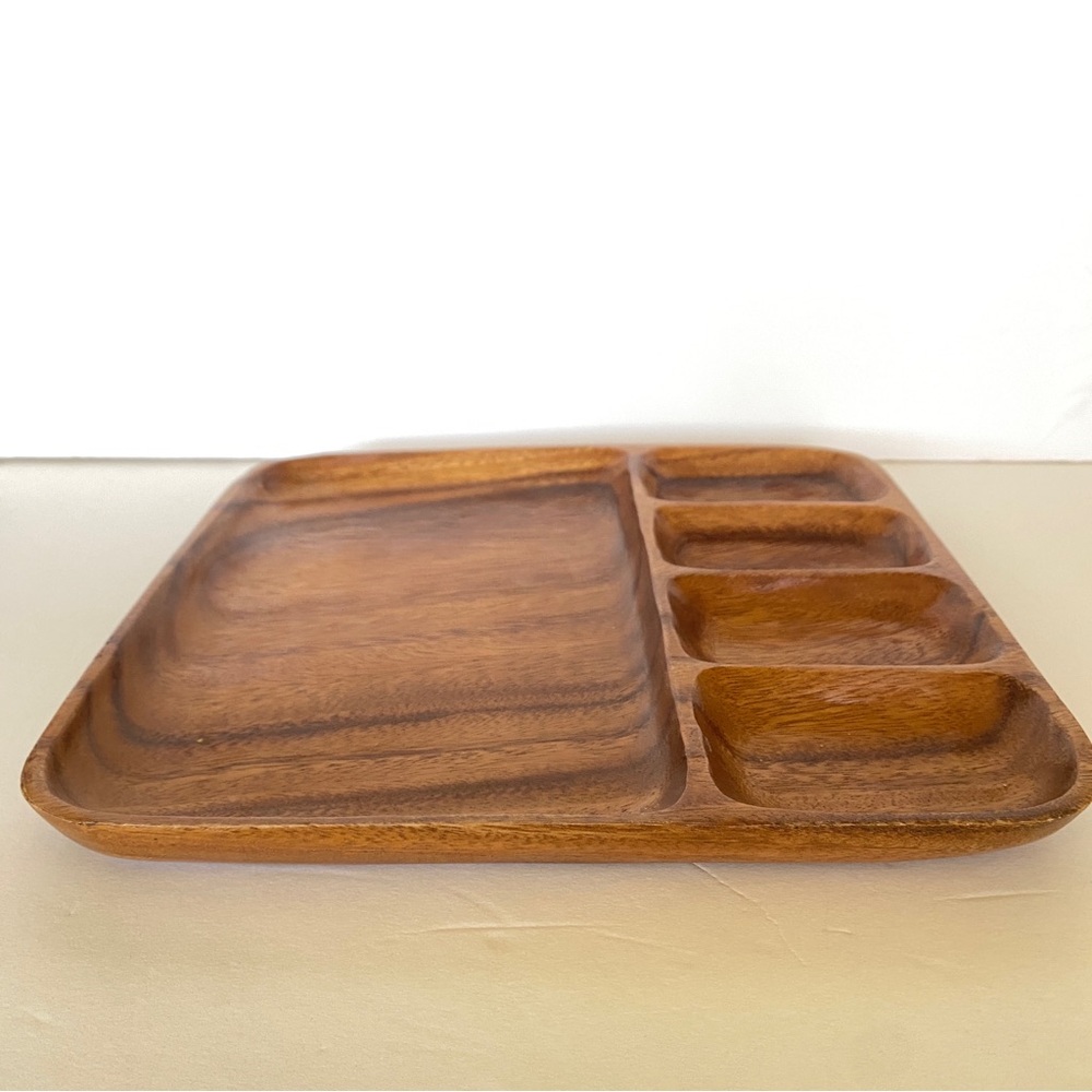 MCM Wooden Organizer Serving Tray Decor Mid-Century Modern Brown Square Vintage